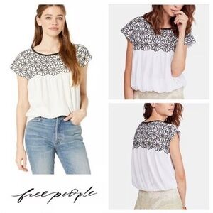 Free People Cream and Black Floral Embroidered Blouse nwt